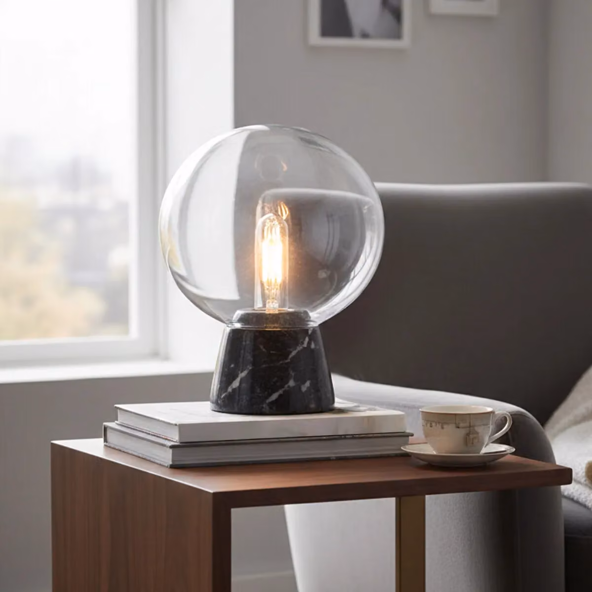 Orsina Grey Marble and Glass Globe Table Lamp with Black Base – 3