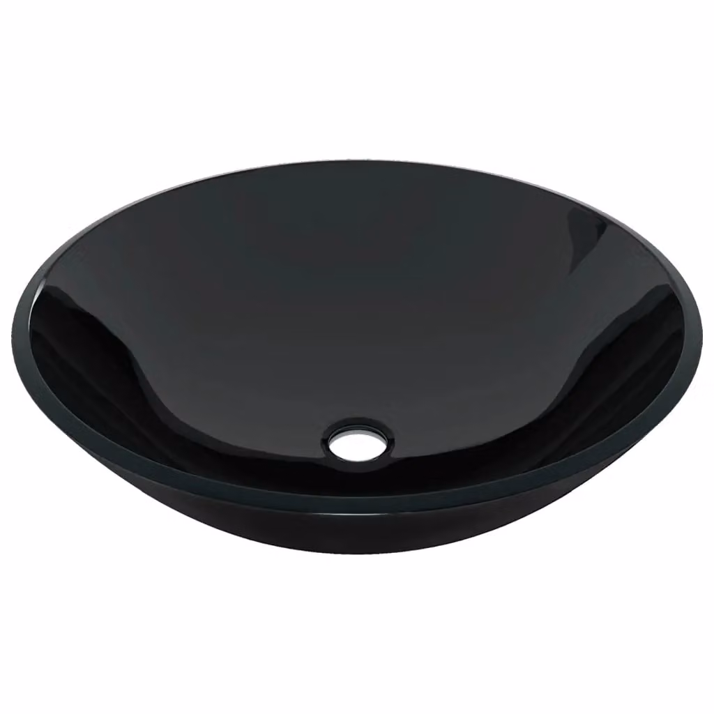 Berkfield Home Round Black Tempered Glass Countertop Bathroom Sink with Tap and Push Drain – 3
