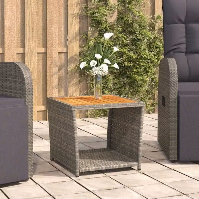 Berkfield Home Grey Poly Rattan Tea Table with Acacia Wood Top – 1