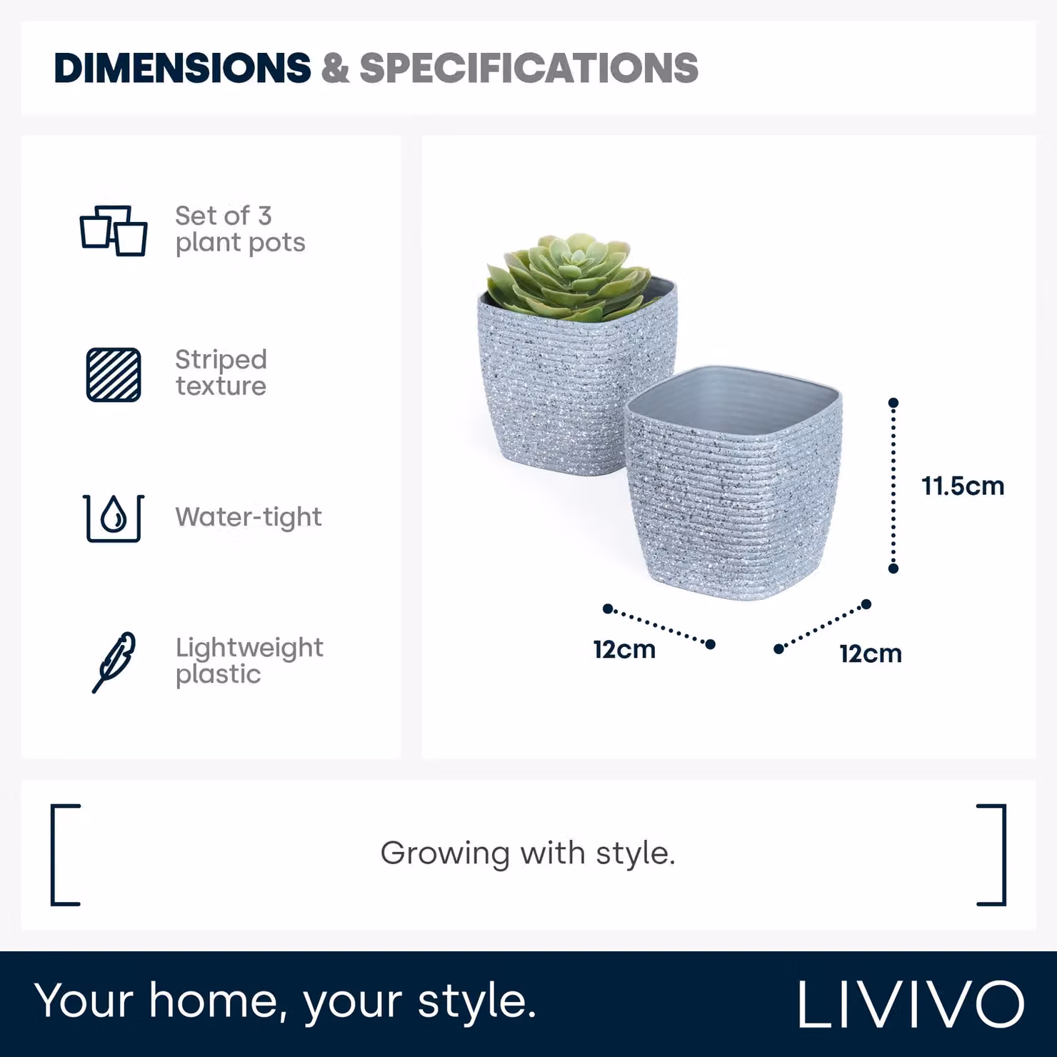 LIVIVO Grey Sandstone Effect Plastic Plant Pots, Set of 3, Diameter: 12 cm – 4