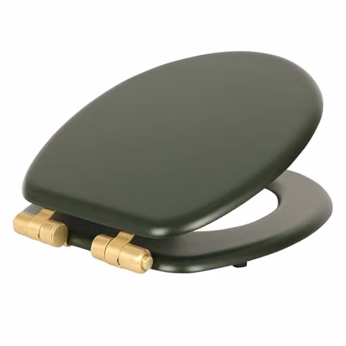 Harbour Housewares Oval Wooden Soft Close Toilet Seat in Green with Gold Hinges, W: 36.5 cm, D: 43 cm, H: 5.5 cm