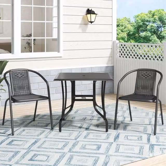 Komore Modern Black Metal Coffee Table and 2 Stackable Rattan Chairs Set with Matt Finish