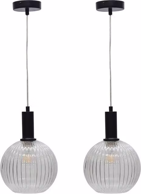 First Choice Lighting Betchley Set of 2 Black Deco Pendant Lights with Transparent Ribbed Glass Globes