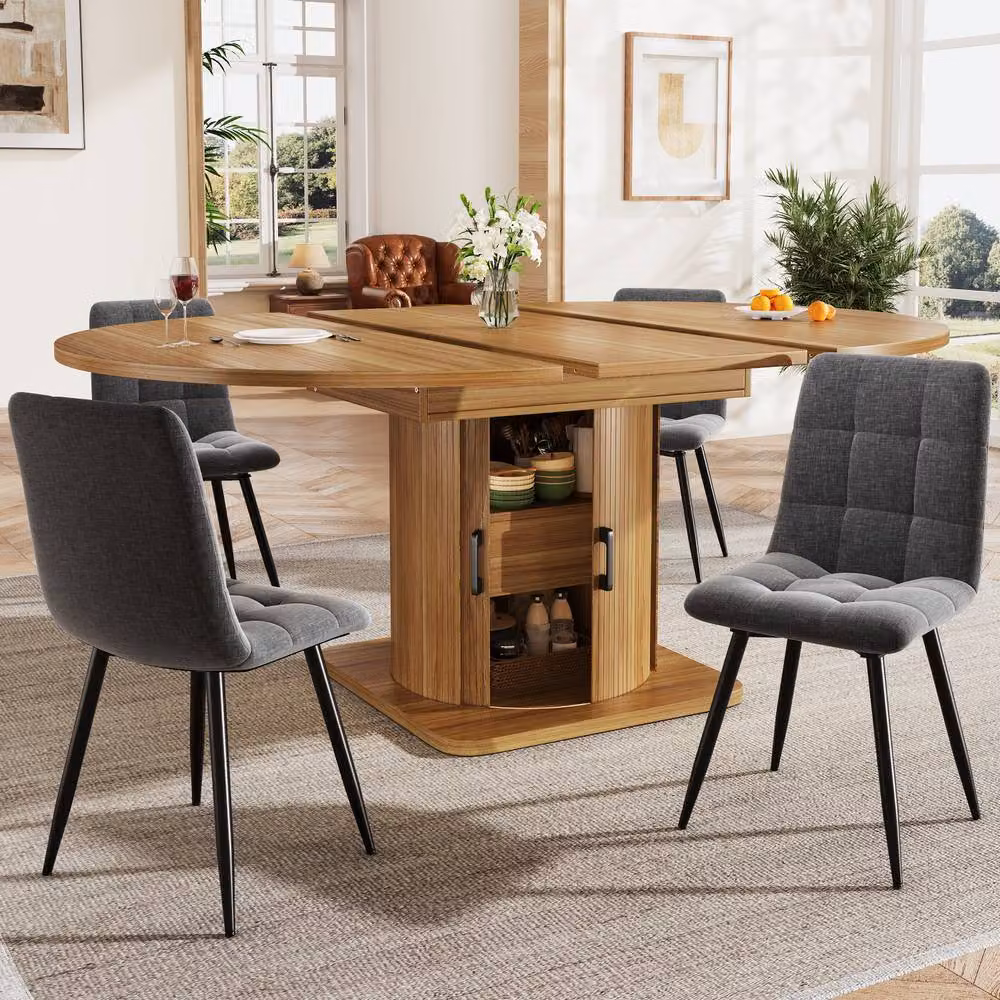 Merax Extendable Round to Oval Wooden Dining Table with Storage Drawer in Brown – 2