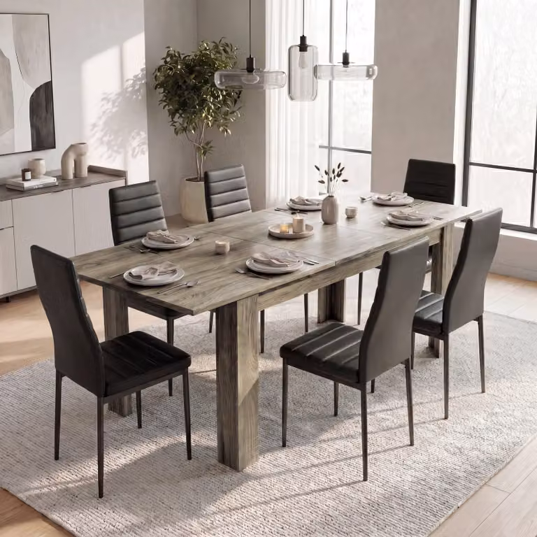 DHS Milo Extendable Rectangular Dining Table Set with 6 Chairs in Grey and Black Wood Effect