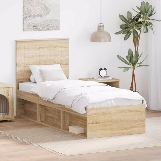 Berkfield Home Sonoma Oak Bed Frame with Headboard in Brown, W/D/H: 75 x 190 cm – 1