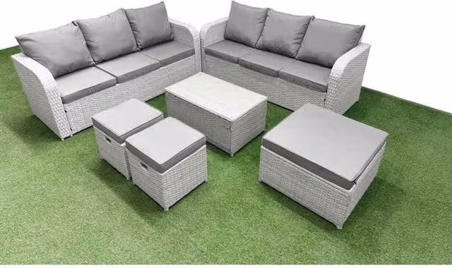 Fimous 9-Seater Wicker Rattan Garden Sofa Set with Coffee Table and Ottoman, Light Grey