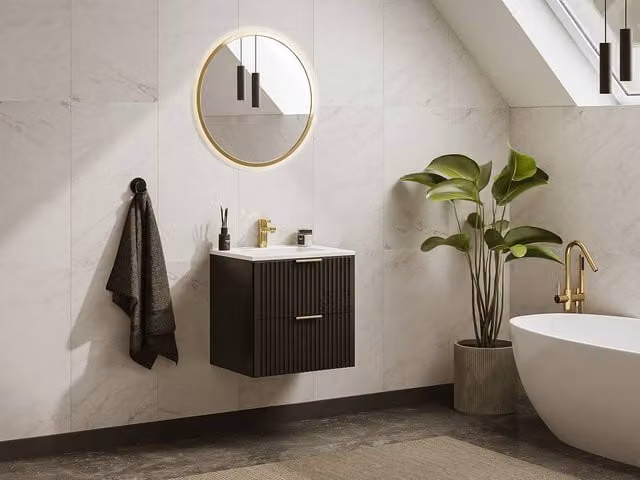 Vente-unique Black Ribbed Wall-Mounted Bathroom Unit with Inset Basin, W: 60 cm, D: 46 cm, H: 57 cm