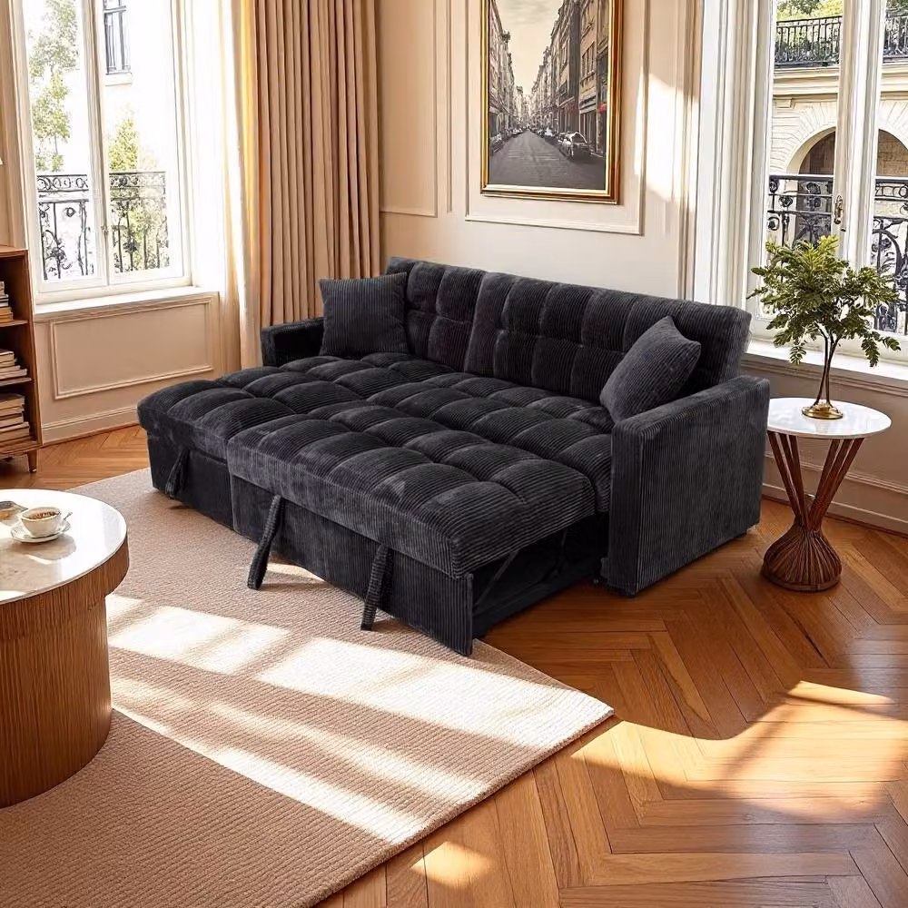 SquareBoxx Modena 3 Seater Sofa Bed with Reversible Storage Chaise in Black Jumbo Cord – 2