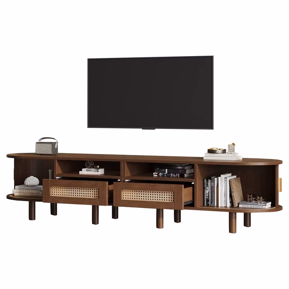 Rolipo Dark Oak Oval Rattan TV Stand in Dark Brown with Sliding Doors and Media Compartments, Width: 170 cm – 6