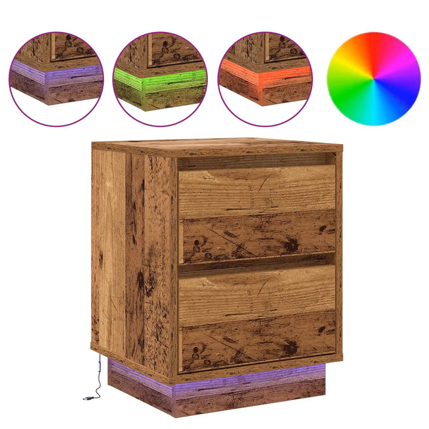 Berkfield Home Bedside Cabinet with Integrated LED Lights in Brown Old Wood, W: 39 cm, D: 34.5 cm, H: 50 cm – 3