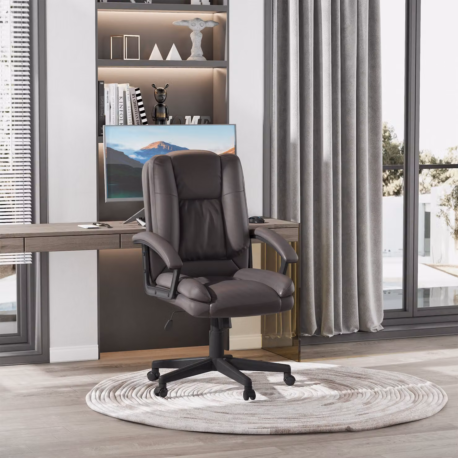 HOMCOM Brown Faux Leather Swivel Executive Office Chair with Armrests and Castors – 7