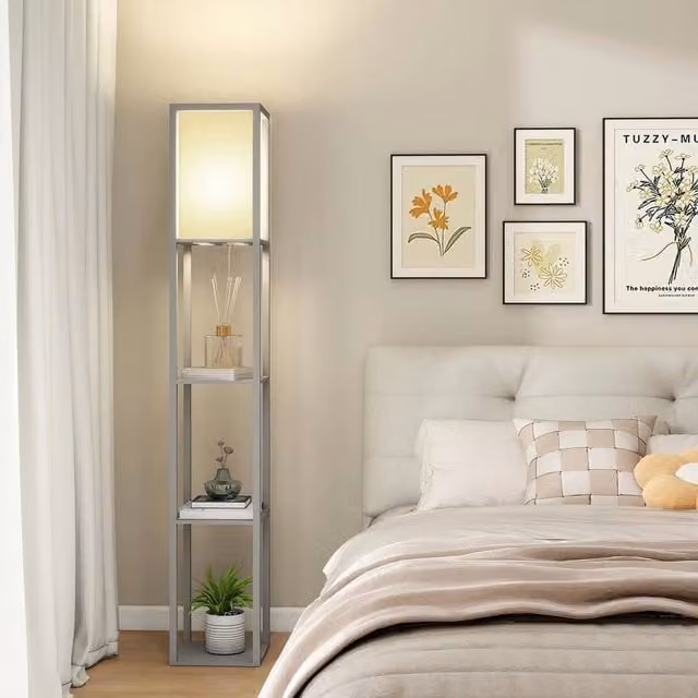 Kelvenix Grey Wood Floor Lamp with 3-Tier Storage, Height: 160 cm