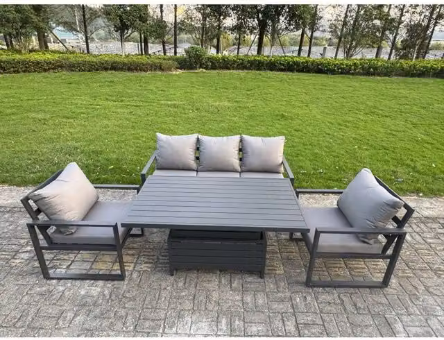 Fimous 4-Piece 5-Seater Aluminum Garden Sofa Set with Lifting Table and 2 Chairs in Matt Dark Grey