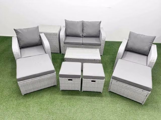 Fimous 9 Piece Outdoor Garden Furniture Set in Light Grey with Rectangular Coffee Table, 2 Seater Sofa, Lounge Armchairs and Ottoman