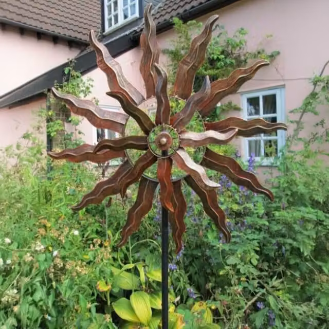 Primrose Burnished Summer Solstice Sun Wind Spinner in Gold and Bronze Metal