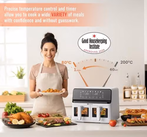 PureMate 9L Dual Basket Air Fryer in White with Digital Display and 2500W Power – 6