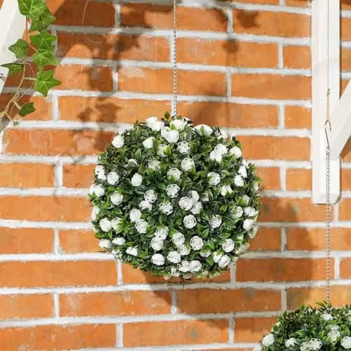 HOMCOM Set of 2 White Artificial Rose Topiary Balls, 28 cm Diameter – 4