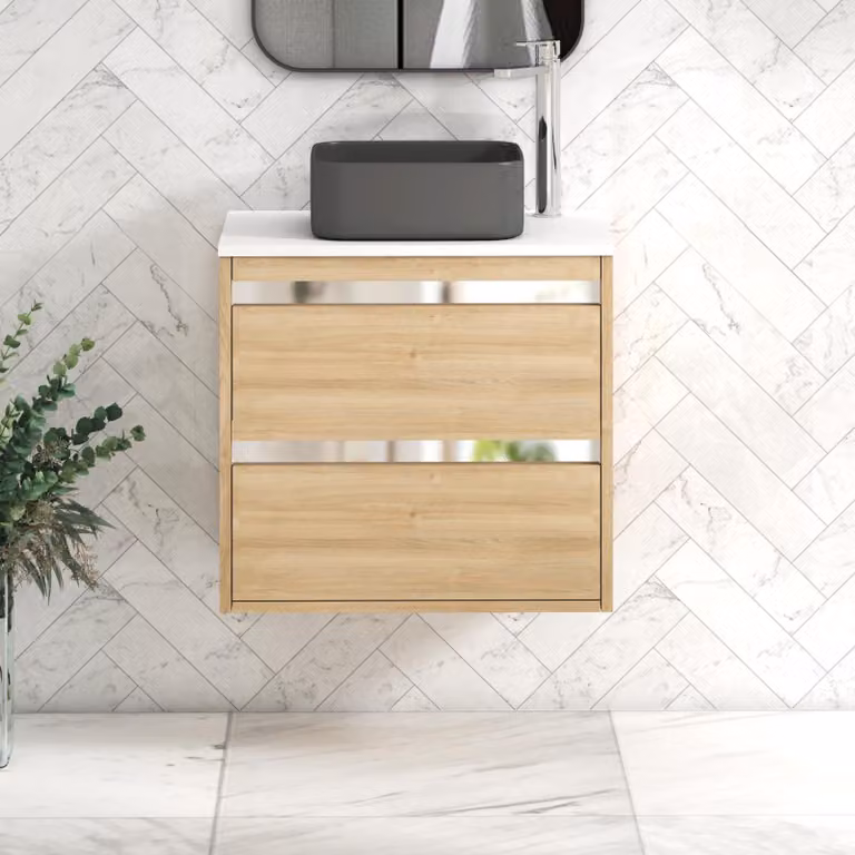 Royal Bathrooms Orion 600mm Natural Oak Wall Hung Vanity Unit with 2 Drawers, Plain White Countertop and Art Square Basin with Chrome Accent Trim