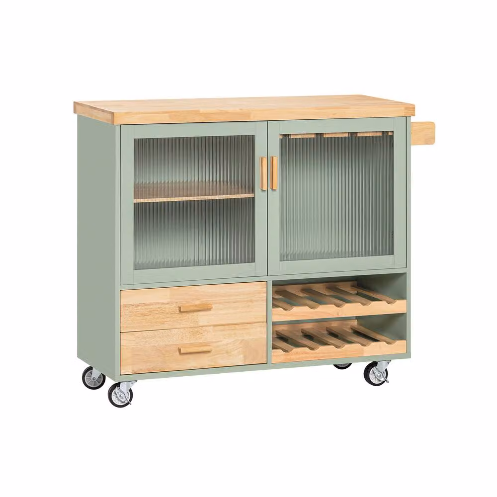 SoBuy Mobile Kitchen Island with Wood Top and Wine Rack in Green – 2
