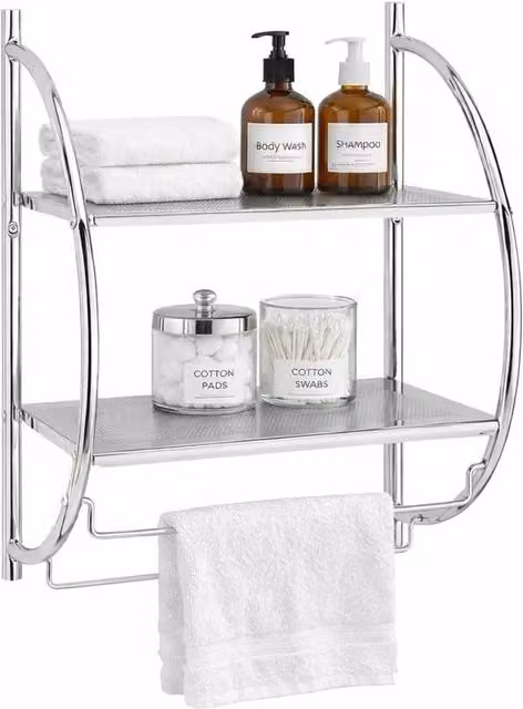 Nordara 2-Tier Chrome Bathroom Shelf and Towel Rail in Silver, W: 50 cm, H: 80 cm – 1