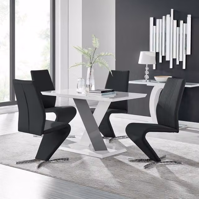 Furniturebox Monza White High Gloss Rectangular Dining Table with 4 Black Willow Chairs