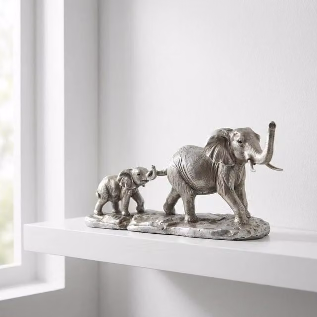 Garden Greatness Silver and Multicolour Elephant and Baby Metal Decorative Tabletop Ornament