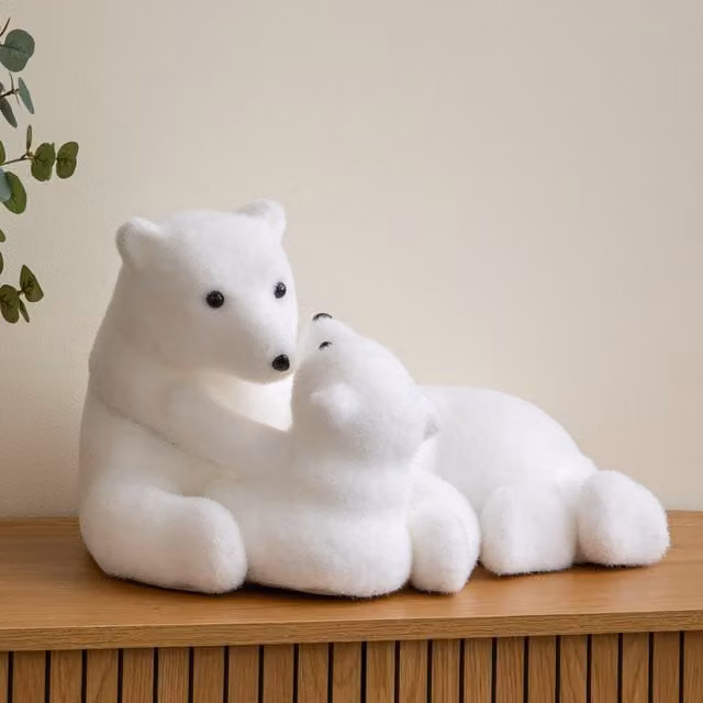 Samuel Alexander Soft Flocked Polar Bear and Cub Christmas Indoor Decoration, White and Black