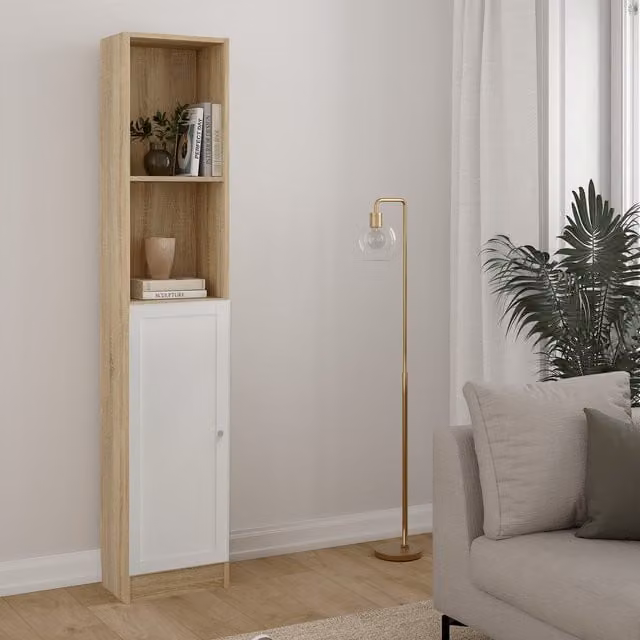 Furniture To Go Basic Tall Narrow Combination Storage Bookcase with 4 Shelves and Hinged Door, Oak and White