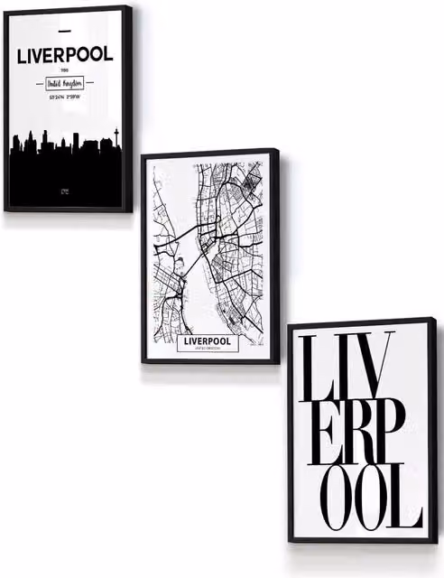 ARTZE Liverpool Skyline Street Map Framed Wall Art in Black, W: 33 cm, H: 45 cm, D: 2 cm
