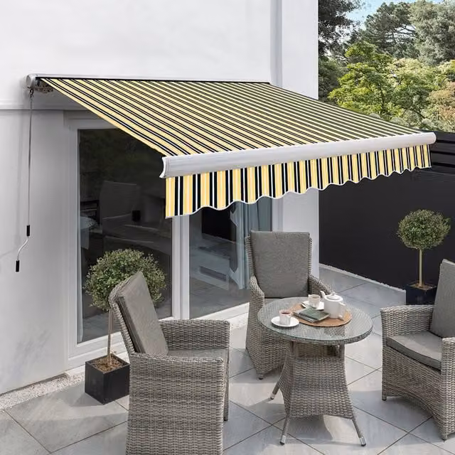Primrose Full Cassette Electric Patio Awning with 4.5m Canopy in Yellow and Grey Stripe