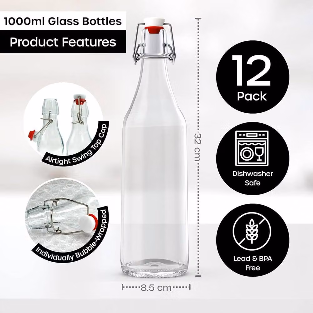Volila 12 Pack Clear Glass Swing Top Bottles with Stoppers, 1000ml each – 1