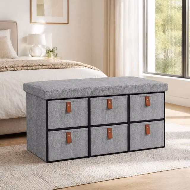 STILVORA Shoe Bench with 6 Drawers and Padded Fabric Seat in Grey – 1