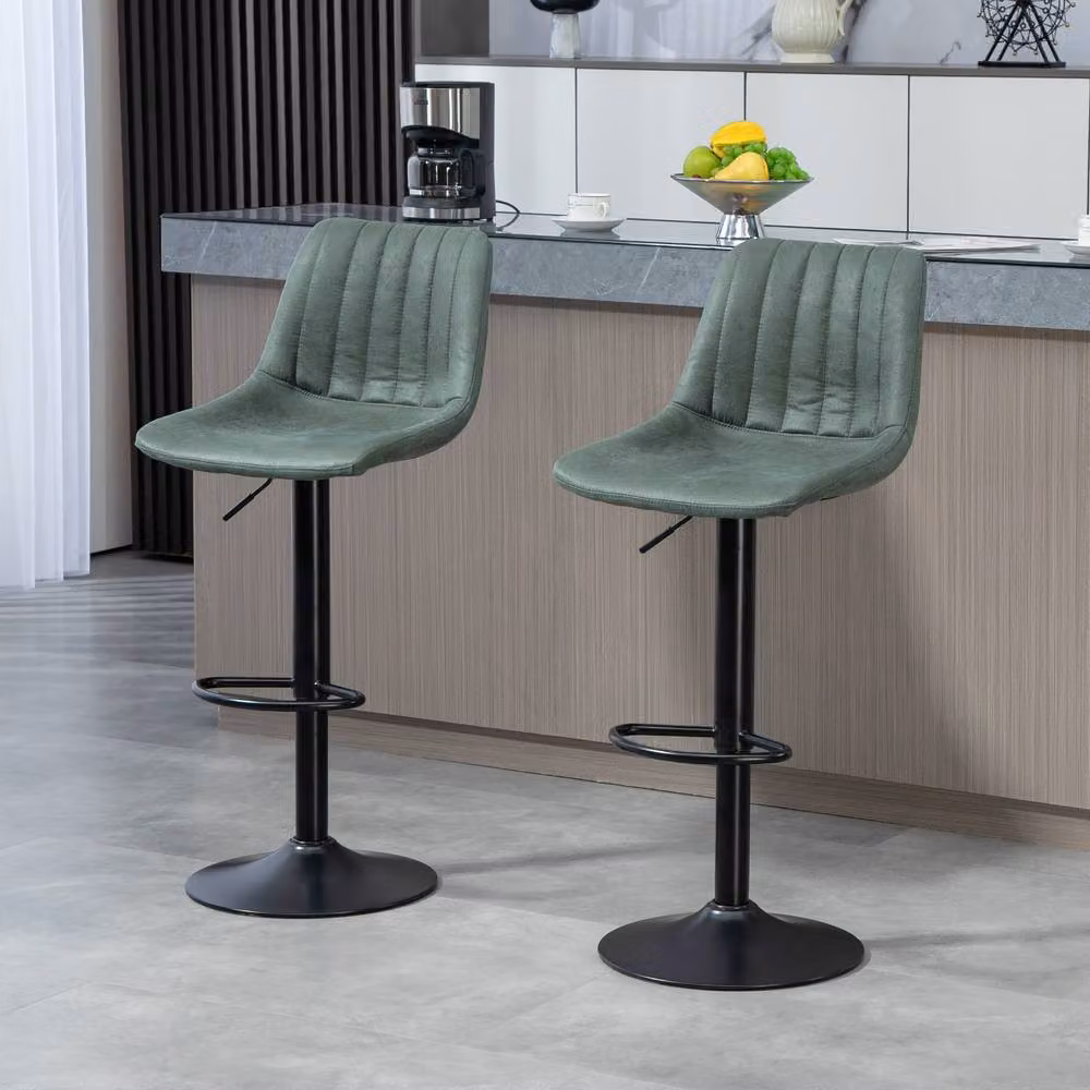 STILVORA Set of 2 Retro Green Microfibre Bar Stools with Adjustable Height and 360 Degree Swivel – 3