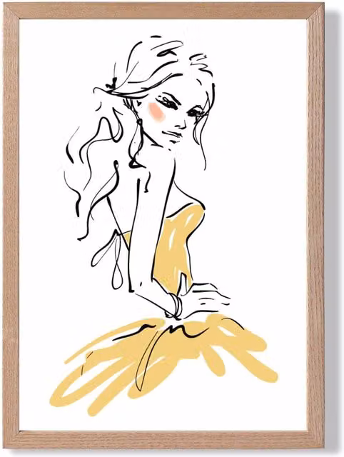ARTZE Fashion Pen and Ink Sketch Framed Print in Yellow with Oak Wood Frame, A2