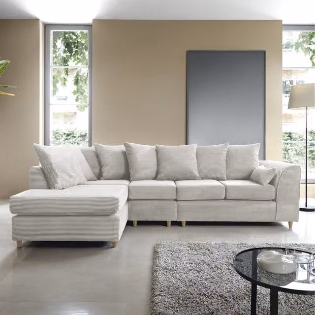 Abakus Direct Jumbo Cord Large L-Shape Corner Sofa in White with Scatter Cushions