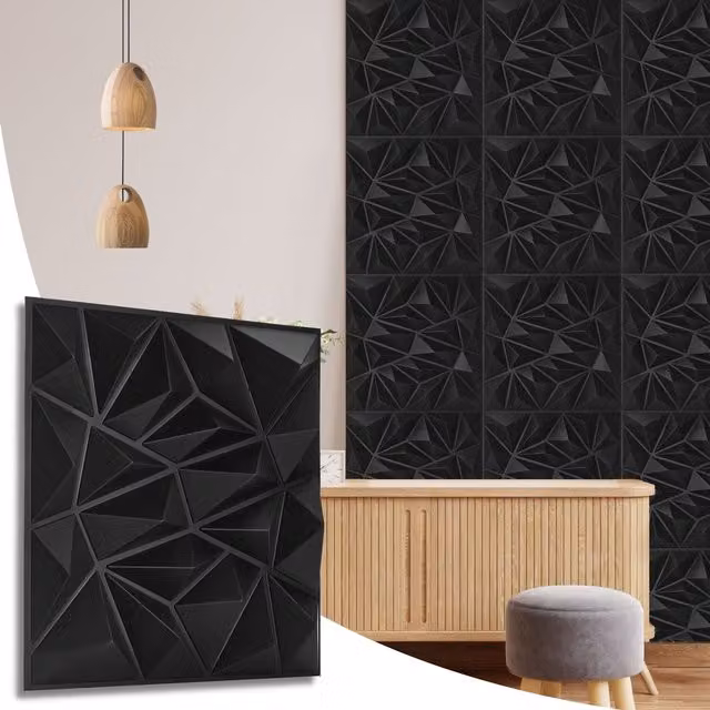 NOVECRAFTO 3D Diamond Design PVC Wall Panels, Matte Black, W/D/H: 50 x 50 x 0.25 cm