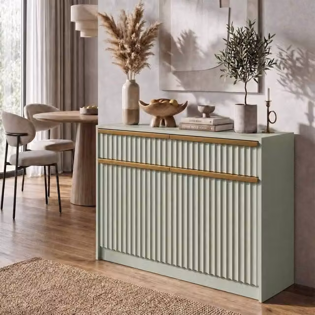 FWStyle Lania Green and Gold Scalloped 2 Door 2 Drawer Modern Sideboard Storage Unit