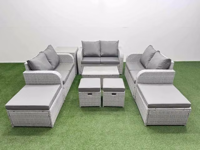Fimous 9 Piece U-Shape Garden Furniture Set in Light Grey with Rectangular Coffee Table, 3-Seater Sofa, 2-Seater Sofa, and Ottoman