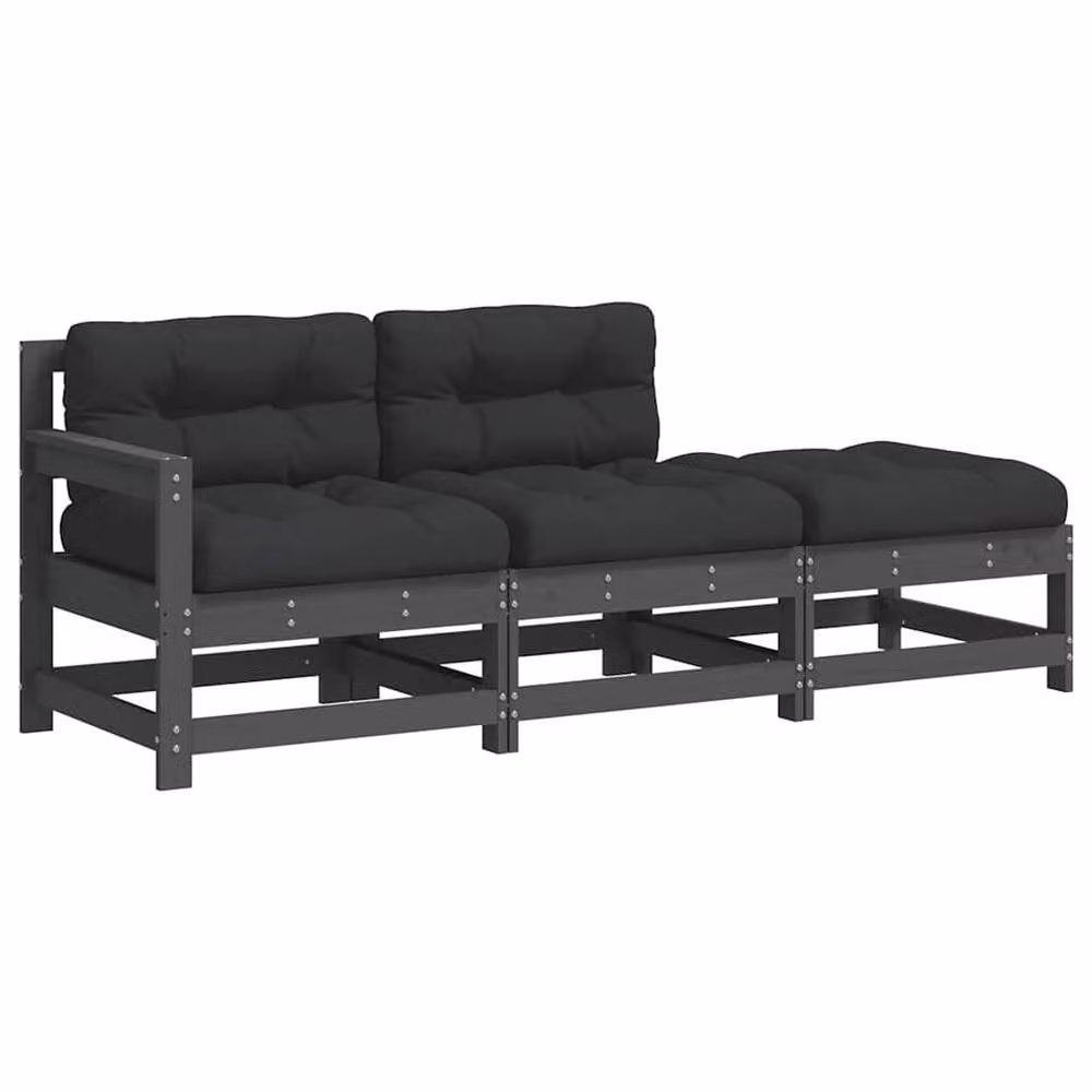 Berkfield Home Beautiful 3 Piece L-Shape Garden Lounge Set with Cushions in Grey and Black Solid Pine Wood – 2