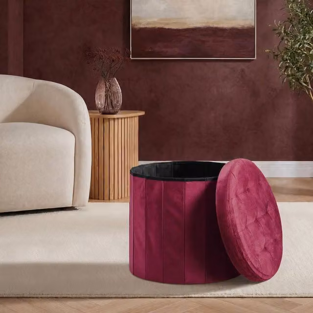 OHS Matte Velvet Round Ottoman Storage Stool in Plum Purple