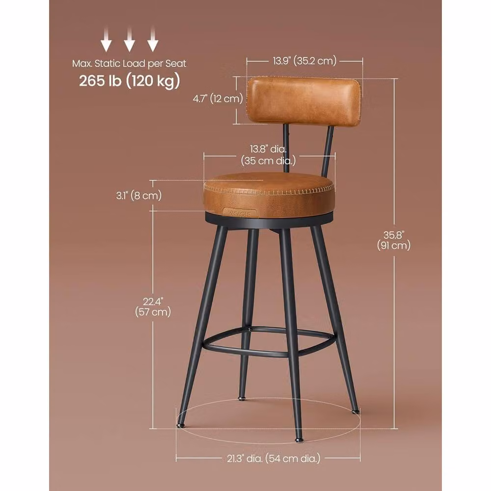 The Bazaarist Set of 2 Modern Swivel Bar Chairs with Backrest in Camel Brown PU Leather – 3