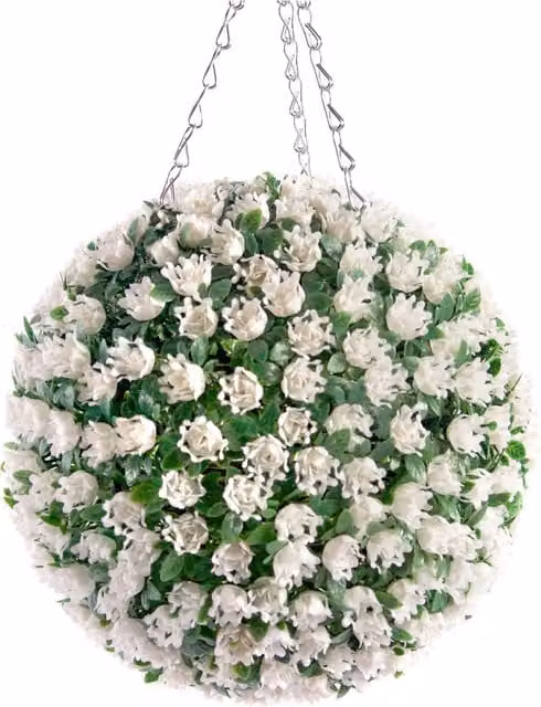 Best Artificial White Rose Hanging Basket Topiary Ball, Diameter: 28 cm