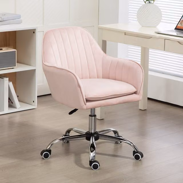 HOMCOM Pink Velvet Swivel Task Chair with Armrests and Castors for Home Office