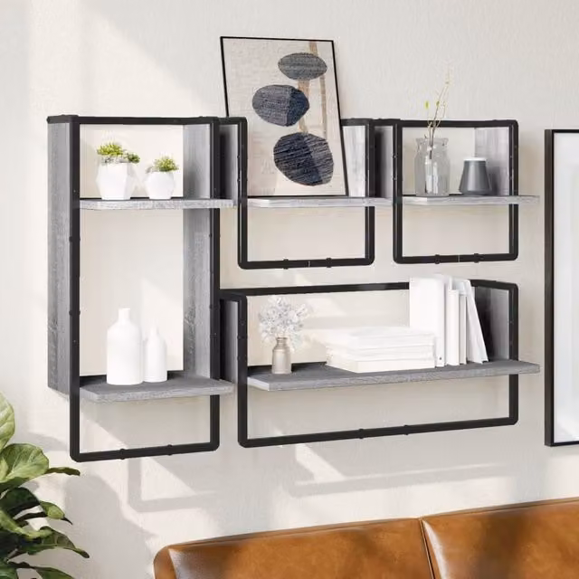 Berkfield Home 4 Piece Grey Sonoma Wall Mounted Shelf Set with Hanging Rods