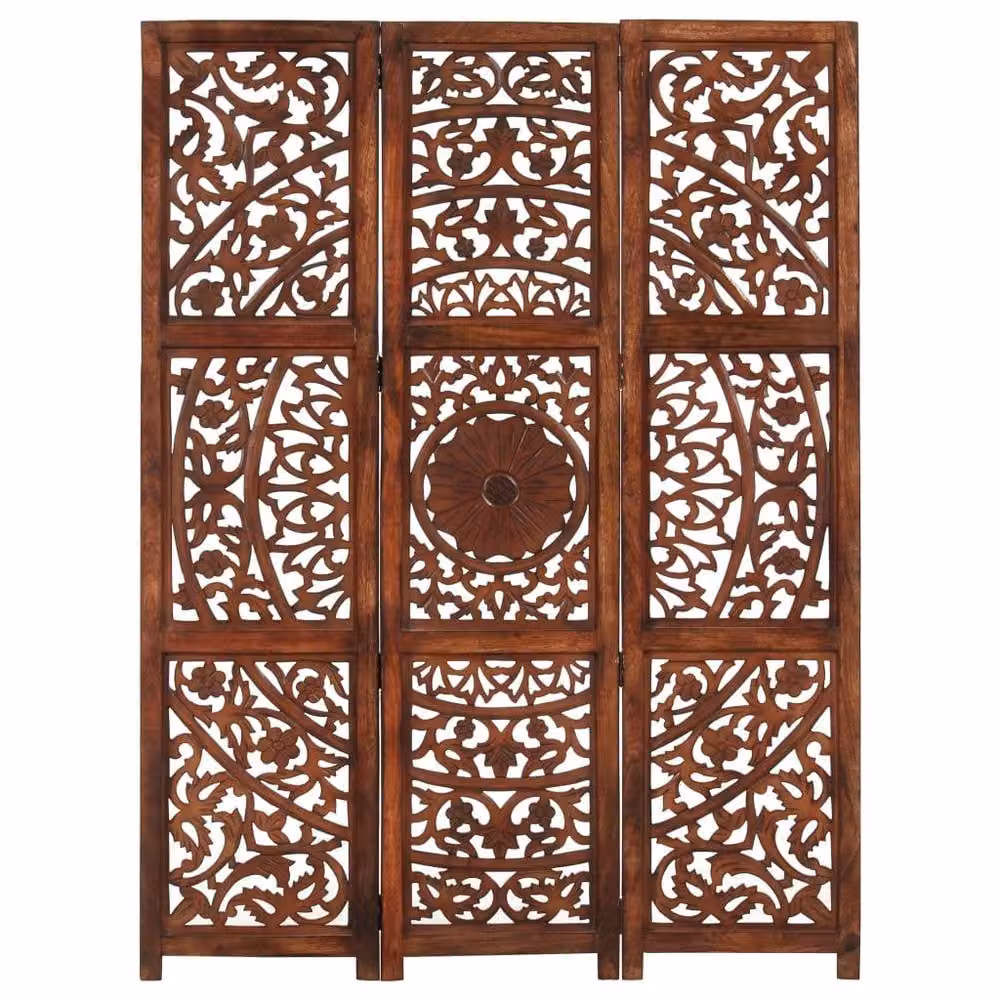 Berkfield Home Hand Carved 3-Panel Room Divider in Brown Solid Mango Wood, W: 120 cm, H: 165 cm – 2