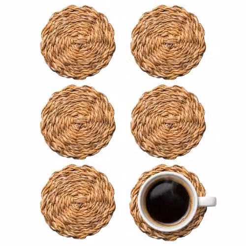 Argon Tableware Round Woven Seagrass Coasters, Brown, Set of 6, Diameter: 10 cm