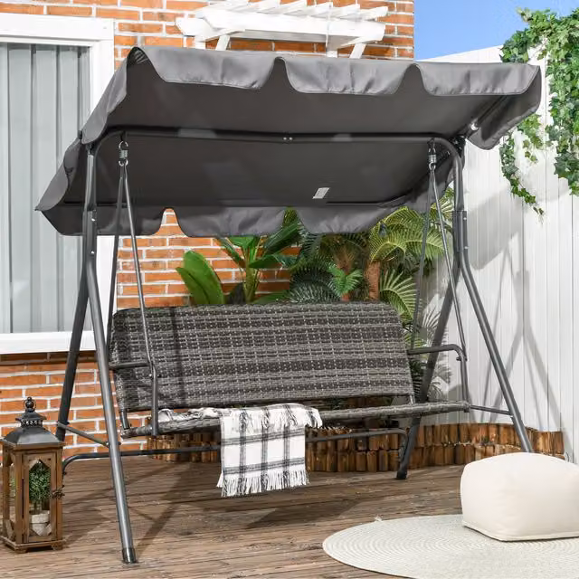 Outsunny 3-Person Rattan Swing Chair with Adjustable Canopy in Grey