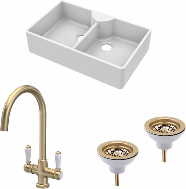 Balterley White Ceramic 2 Bowl Butler Sink with 2 Wastes and Brushed Brass Tap, W: 895 mm