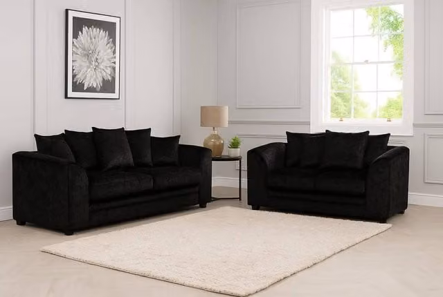 LUXURY LIFE Declan Black Crushed Velvet Fabric 3 Seater Sofa Set with Solid Wood Frame and Scatter Cushions